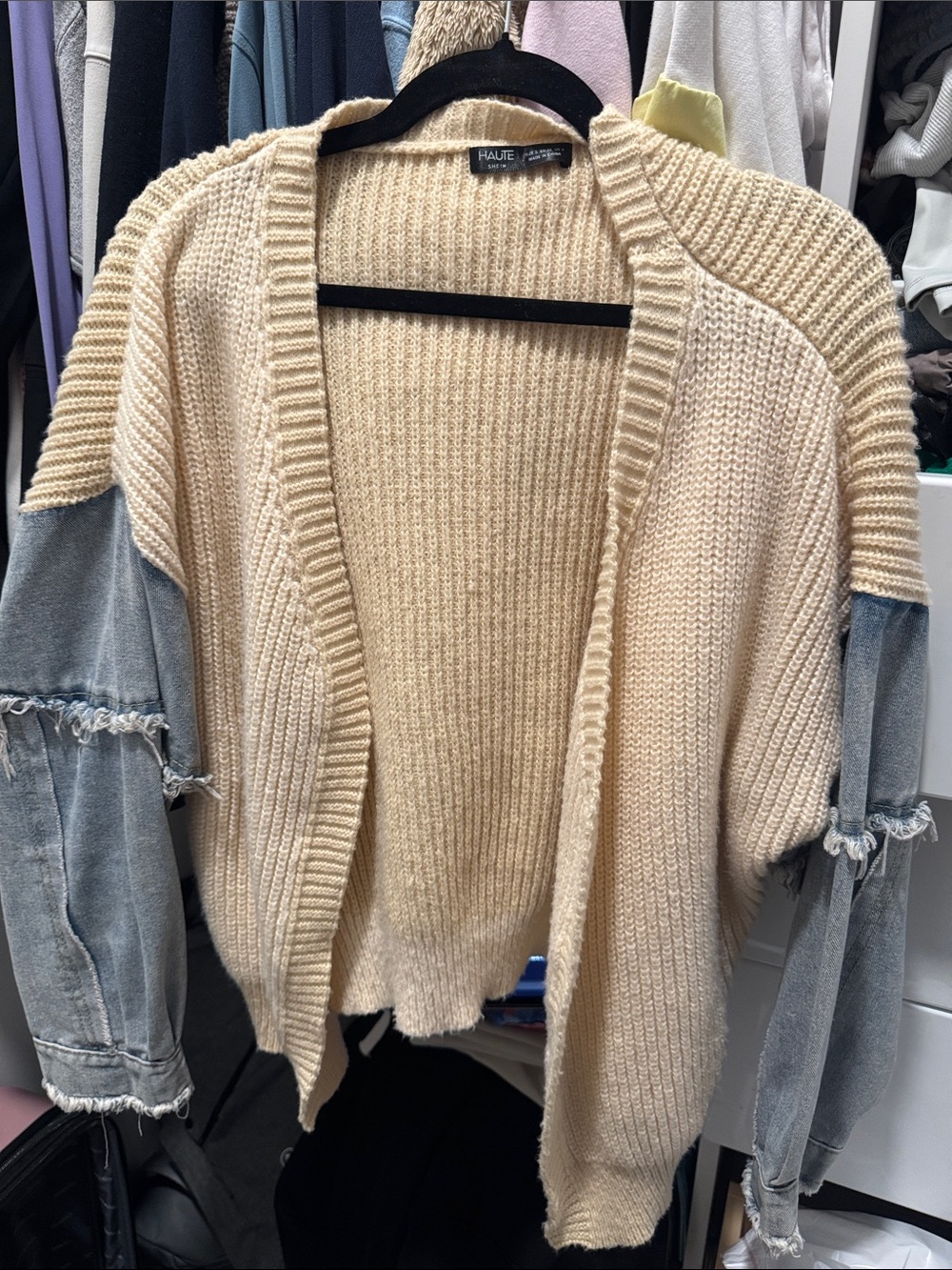 Cream Knit Cardigan with Distressed Denim Sleeves